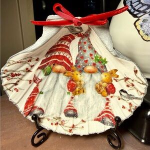 Hand designed Festive Shell with gnomes,bunnies, chickadee with Red Ribbon